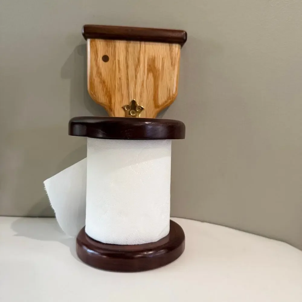 Wooden Toilet Shaped Paper Holder Hinged 2 Tone Freestanding 11 x 6